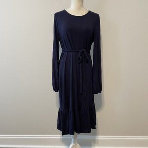 Boden Dress Womens 10 Blue Belted Long Sleeve Ruffle Hemline